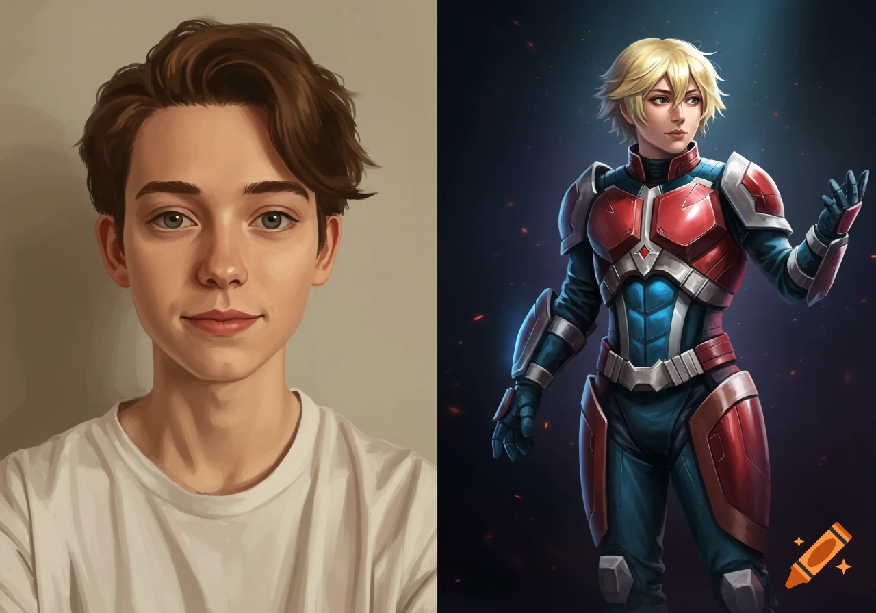 Split image of a stylized young man's portrait on the left and an anime-style character in red and blue sci-fi armor on the right.