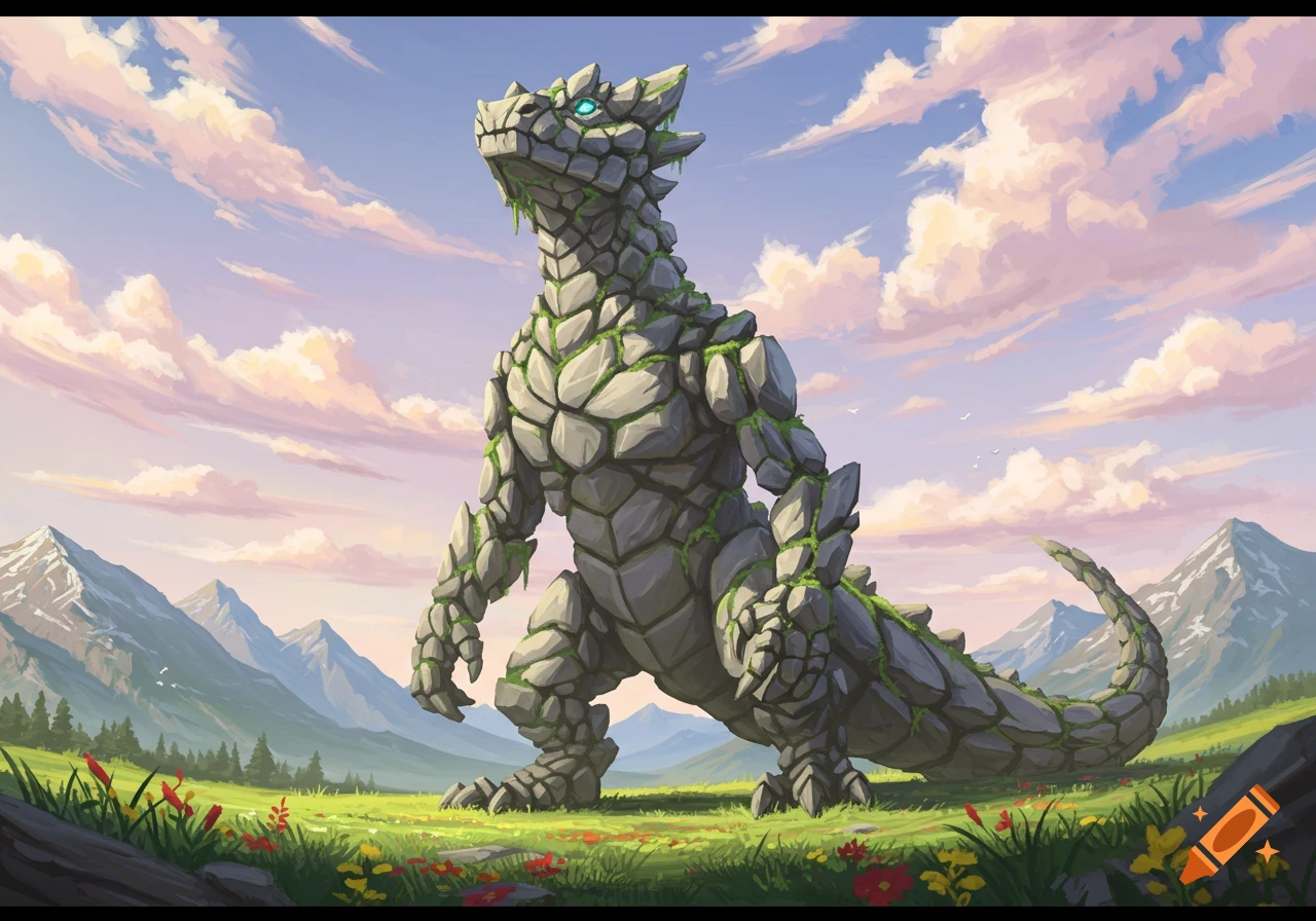A large, rock-skinned reptilian creature stands in a vibrant green valley surrounded by mountains, under a blue sky with fluffy clouds.