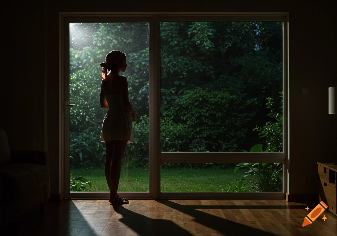Woman in a white dress and headscarf stands silhouetted by a moonlit window, looking out at a green garden.
