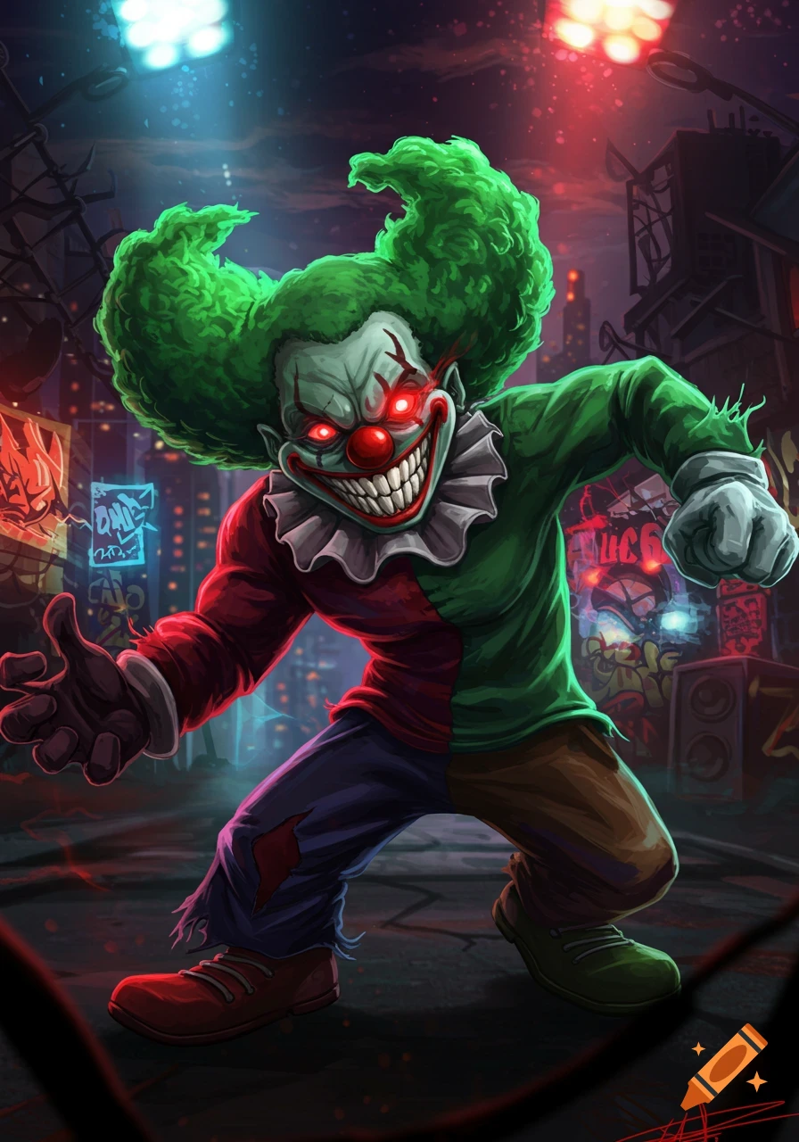 A menacing cartoon clown with green hair, glowing red eyes, and a wide, toothy grin in an urban, graffiti-filled setting under spotlights.