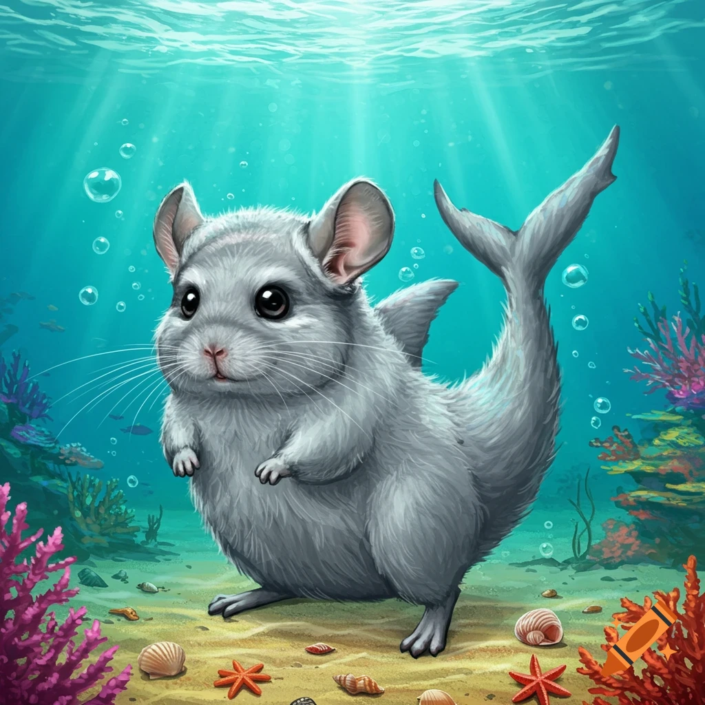A cute grey chinchilla with a shark tail and dorsal fin stands on the sandy ocean floor with coral and bubbles.