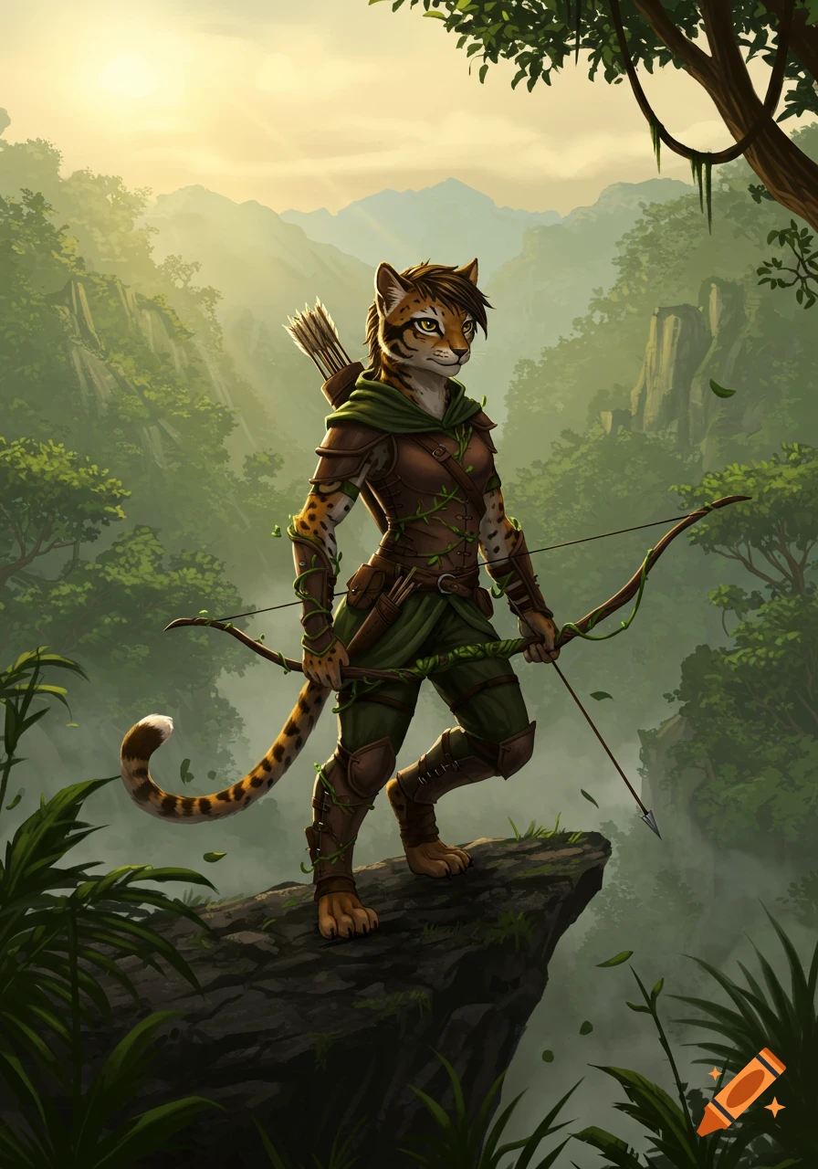 A detailed fantasy digital painting of a Tabaxi female ranger in leather armor, holding a bow, standing on a cliff in a lush, misty jungle at sunrise.