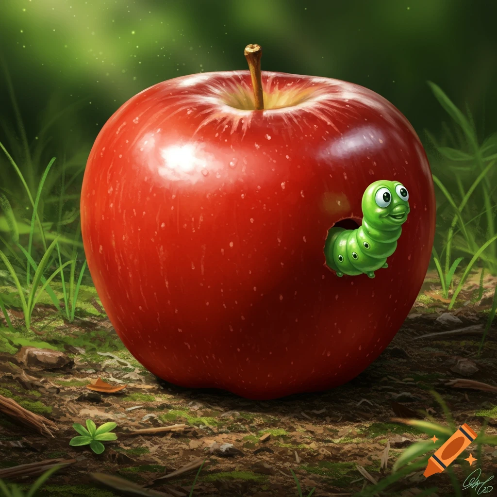A vibrant red apple rests on green grass with a cute cartoon green worm peeking out of a hole.