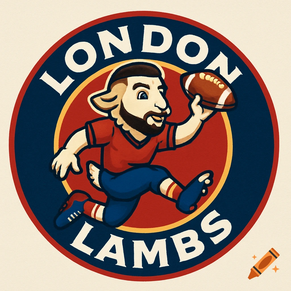 Circular sports logo featuring a cartoon anthropomorphic lamb mascot in a football uniform catching a football, with 'LONDON LAMBS' text.