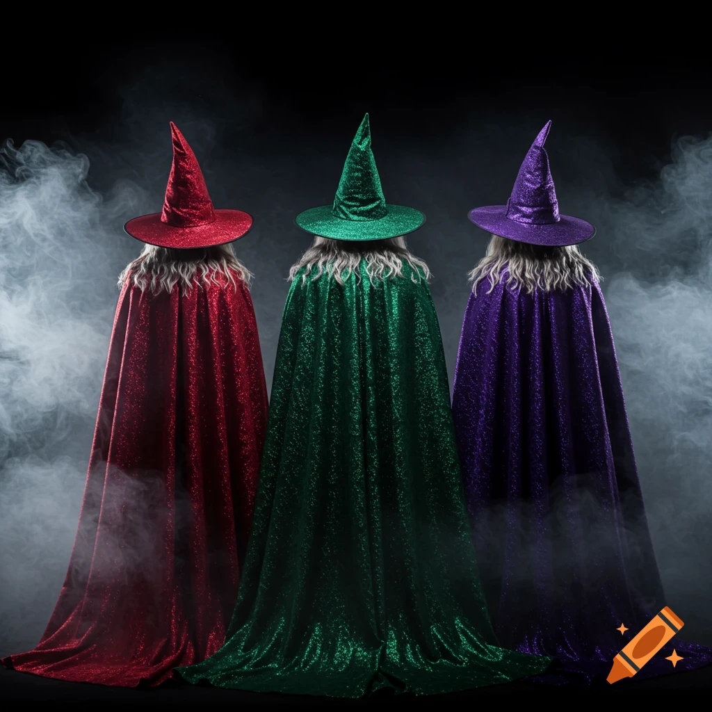 Three witches facing away, wearing shimmering red, green, and purple capes and hats against a smoky black background.