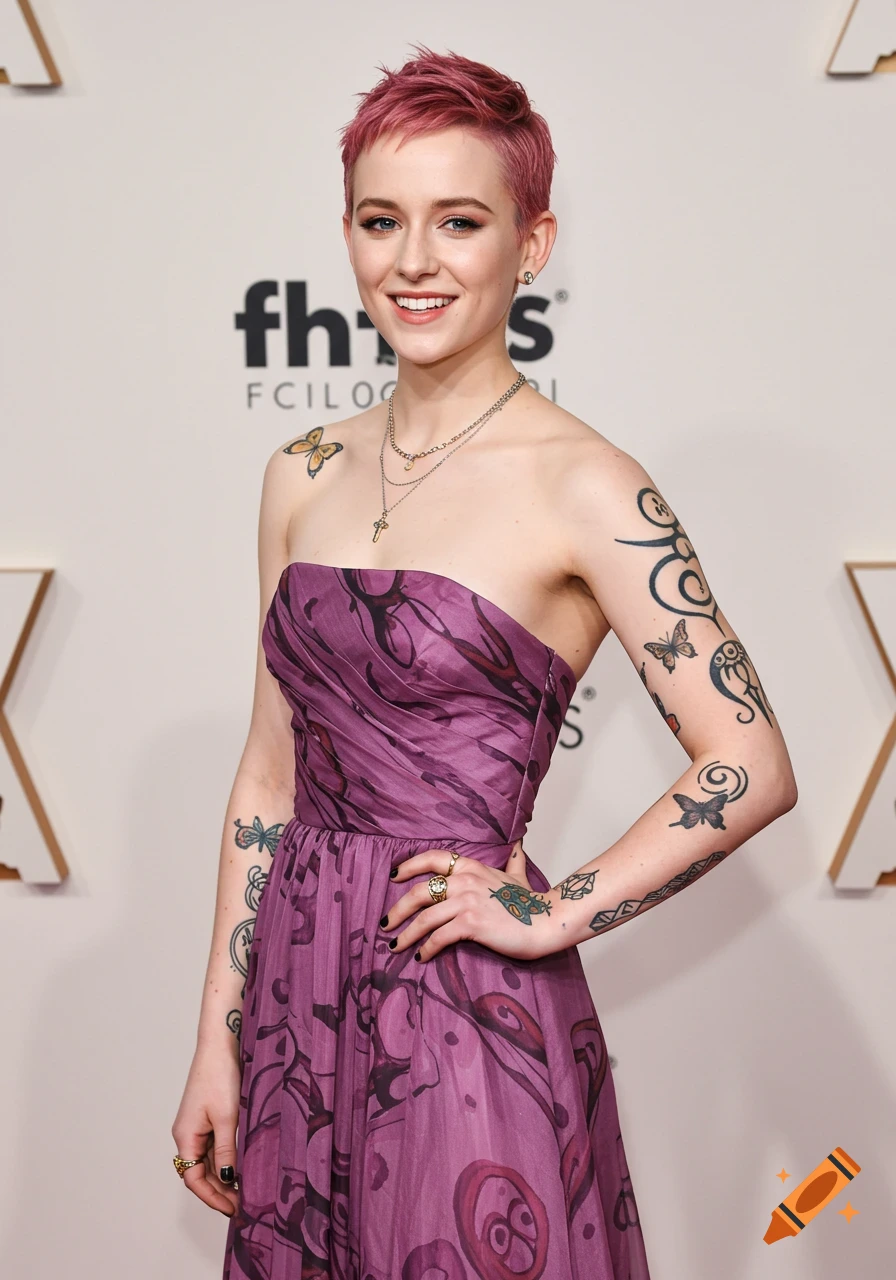 A smiling woman with short pink hair and tattoos on her arms, wearing a purple strapless dress at a formal event.