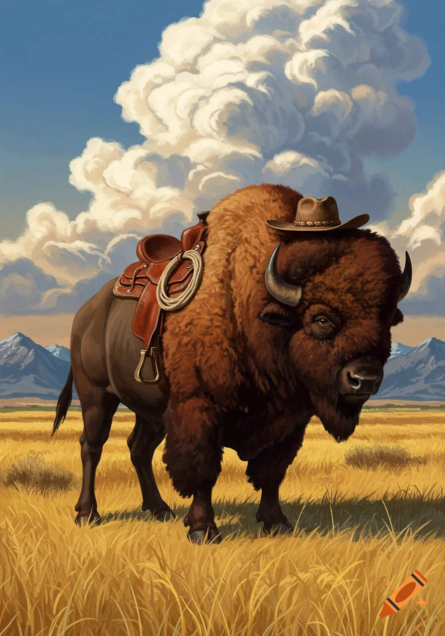 A painted illustration of a large brown buffalo wearing a cowboy hat and saddle, standing in a golden field with mountains and clouds.