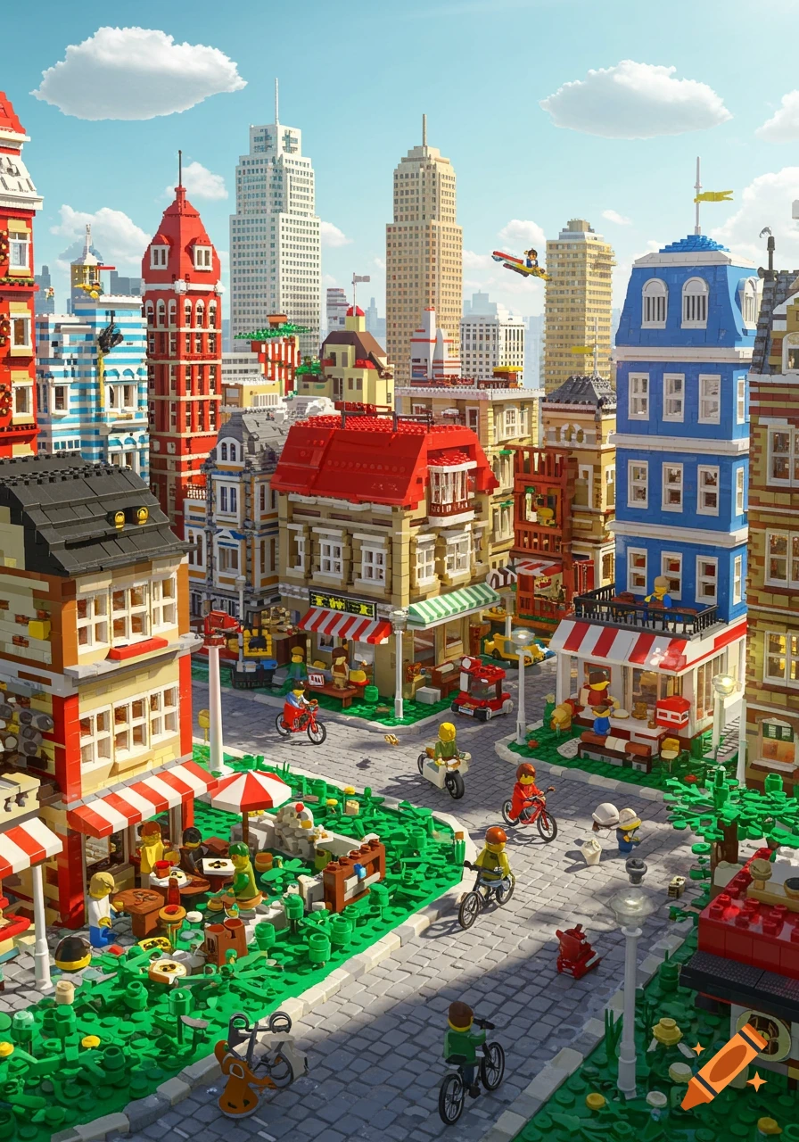 A vibrant, detailed Lego city street scene with colorful buildings, minifigures on bicycles, and an airplane over tall skyscrapers.