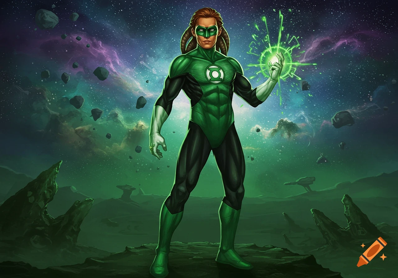 A Green Lantern character with dreadlocks stands on a rocky planet, emitting green energy. The background features a vibrant galaxy and asteroids.