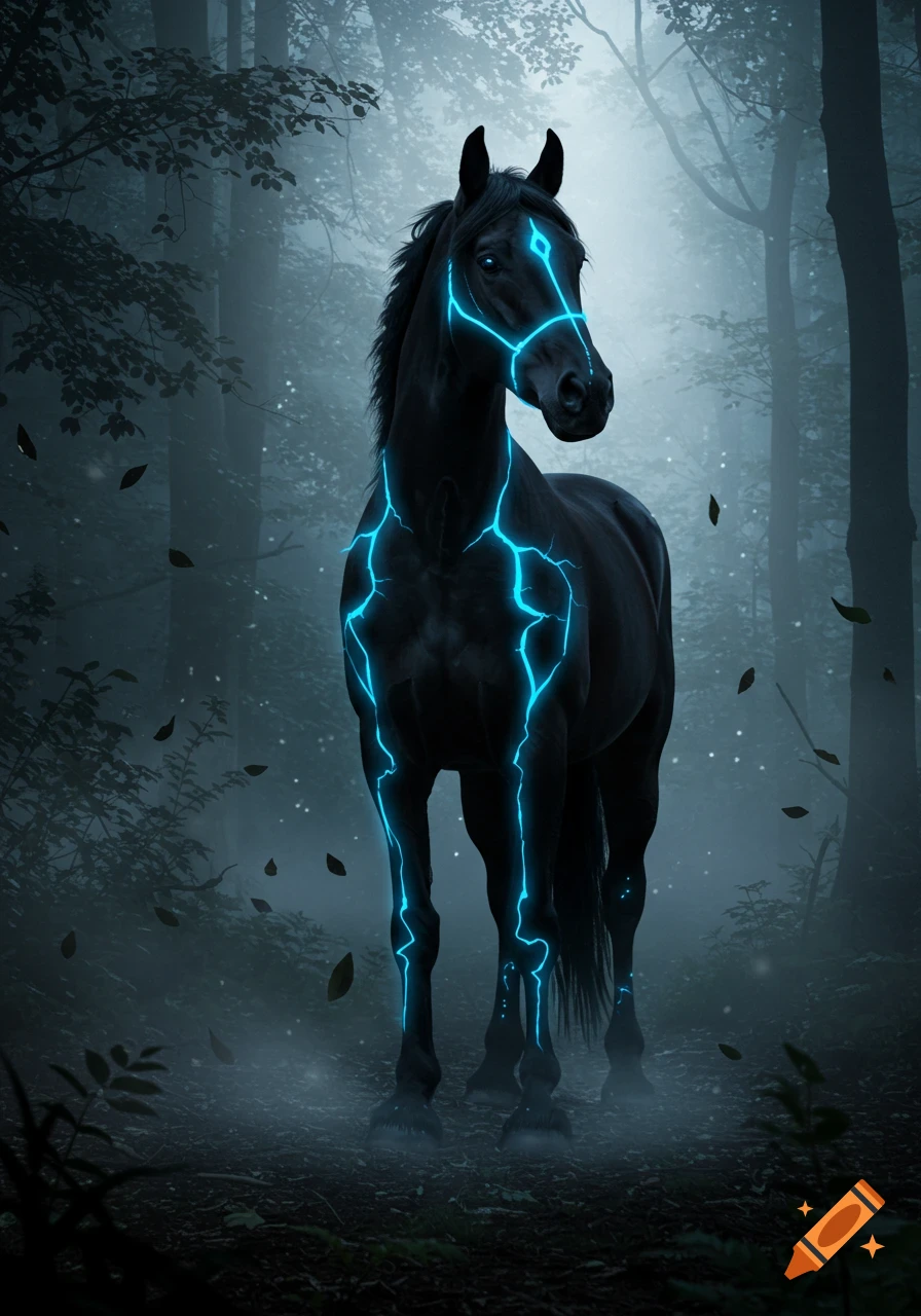 A mystical black horse with glowing neon blue markings stands in a foggy, dark forest.