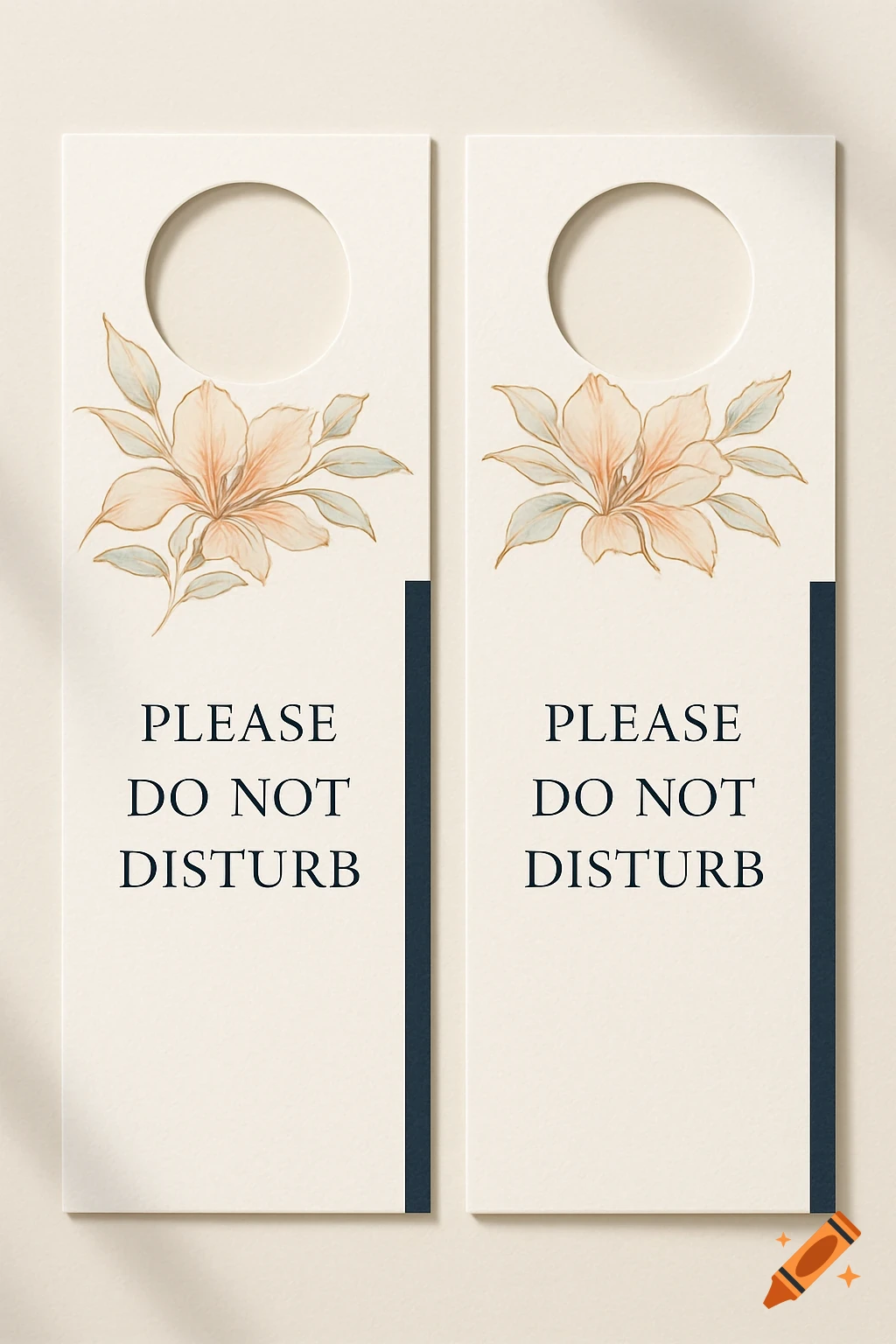 Two elegant cream-colored door hangers with pale peach floral designs and 'PLEASE DO NOT DISTURB' text.
