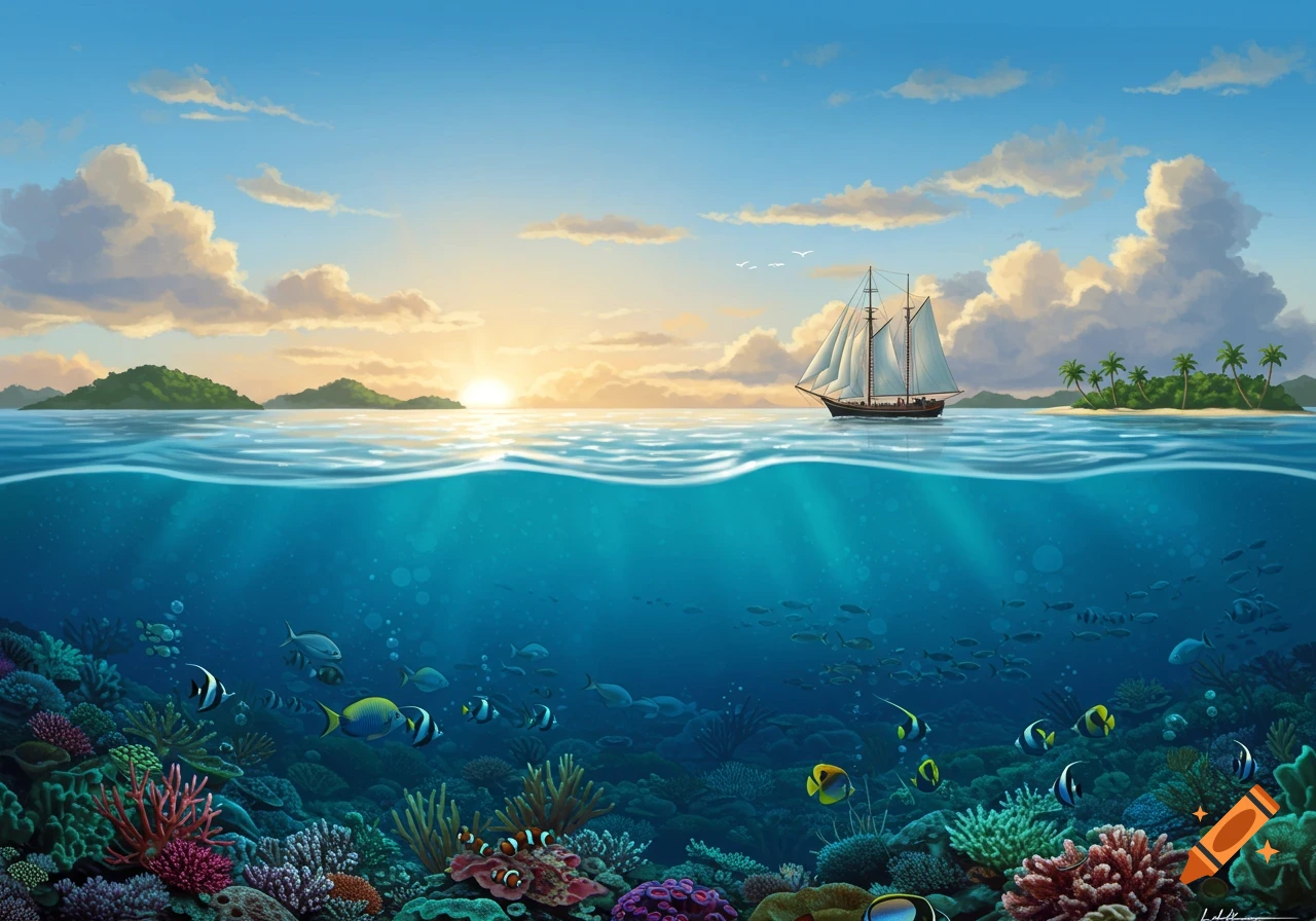 A vibrant split view of an ocean scene, with a sailboat cruising at sunset above, and a coral reef teeming with fish below the surface.