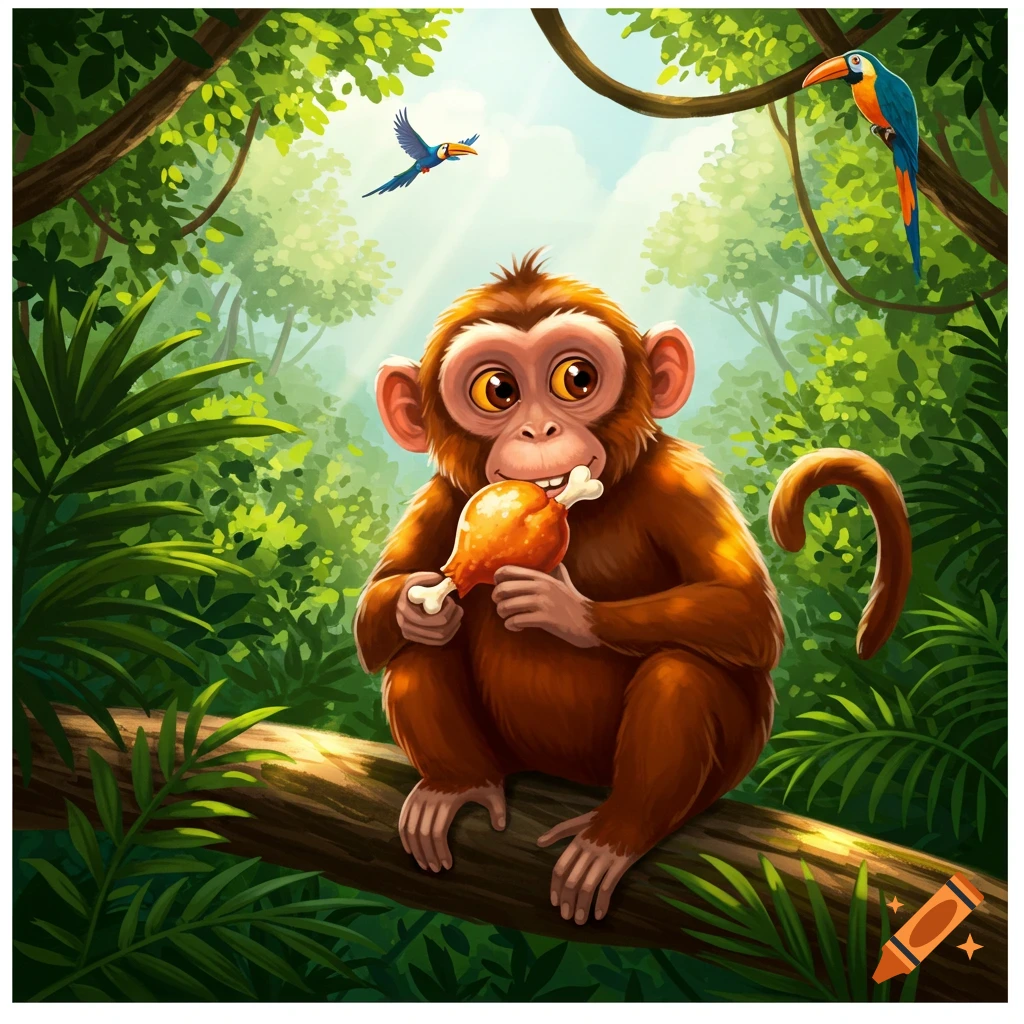 A cute cartoon monkey sits on a tree branch in a lush jungle, happily eating a roasted chicken leg.