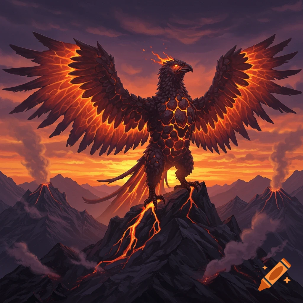 A majestic lava phoenix with glowing orange wings stands atop a volcanic mountain at sunset, with erupting volcanoes in the background.