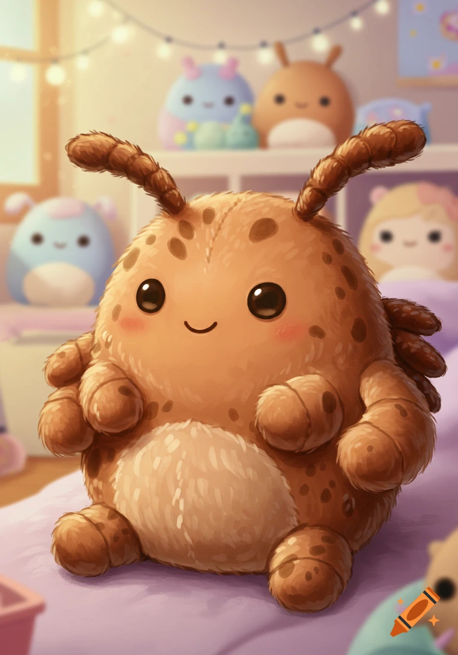 A cute, fluffy, orange-brown spotted tick plush toy with antennae and a sweet smile sits in a softly lit room with other blurred toys.