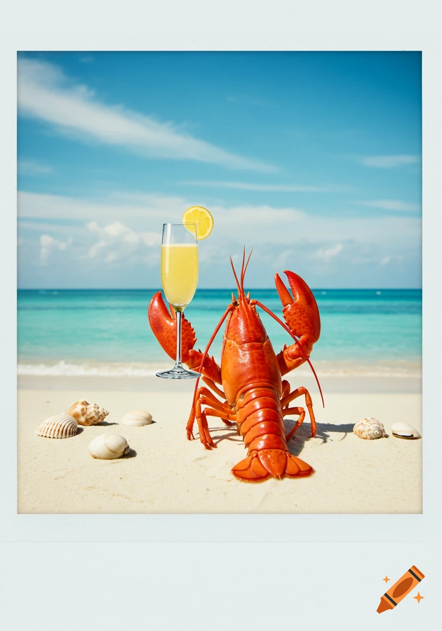 A red lobster holds a mimosa glass on a sandy beach with seashells and a clear blue ocean, framed like a Polaroid.