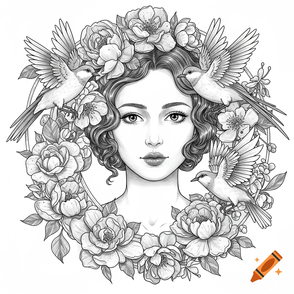Black and white line art drawing of a woman's face surrounded by a wreath of flowers and birds.