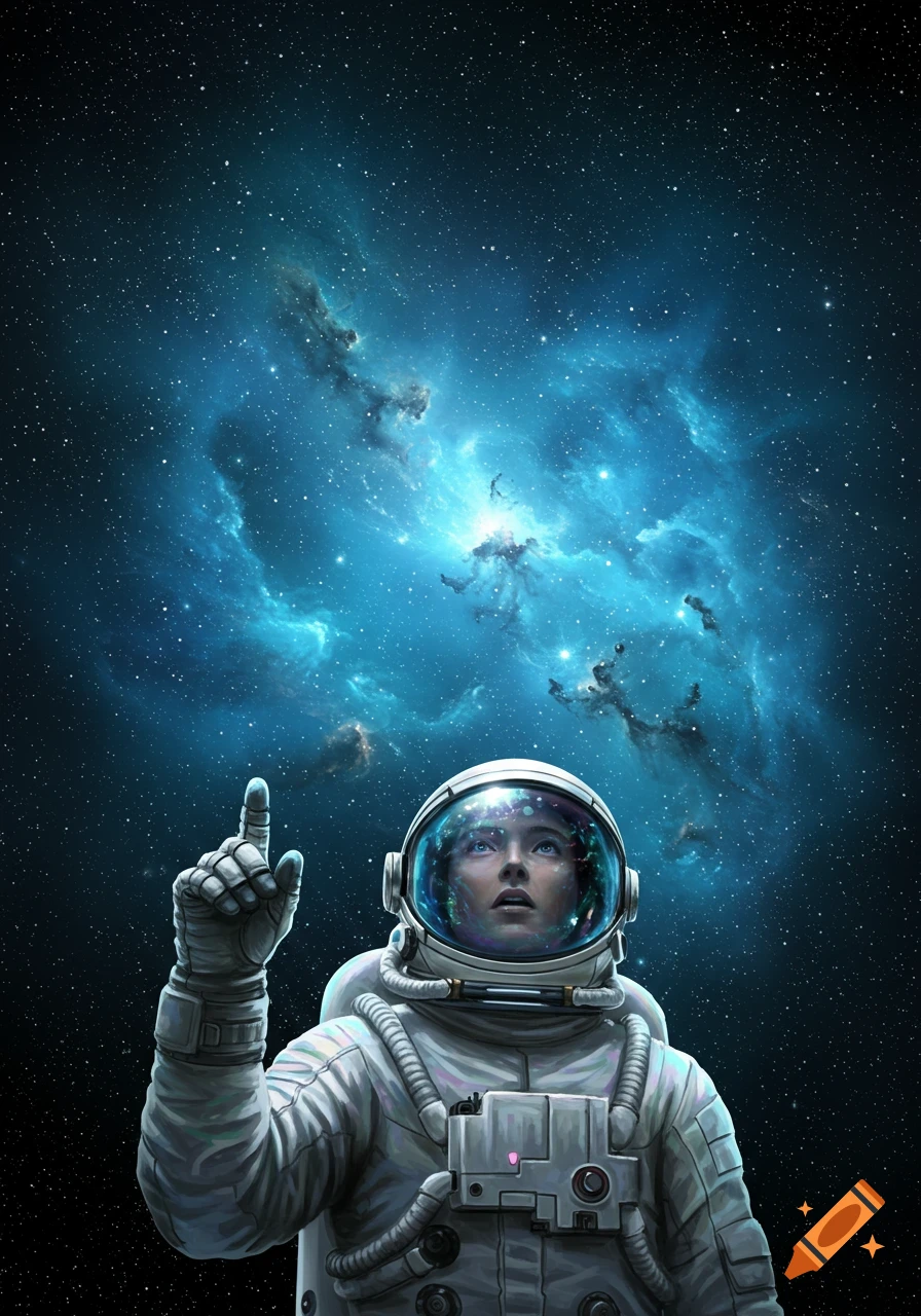 Astronaut in a spacesuit points up at a vibrant blue nebula and stars in the vast cosmic sky.