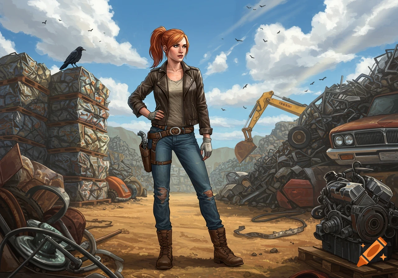 Illustrated woman with red ponytail in a scrapyard, standing confidently near crushed cars and an excavator under a cloudy sky.