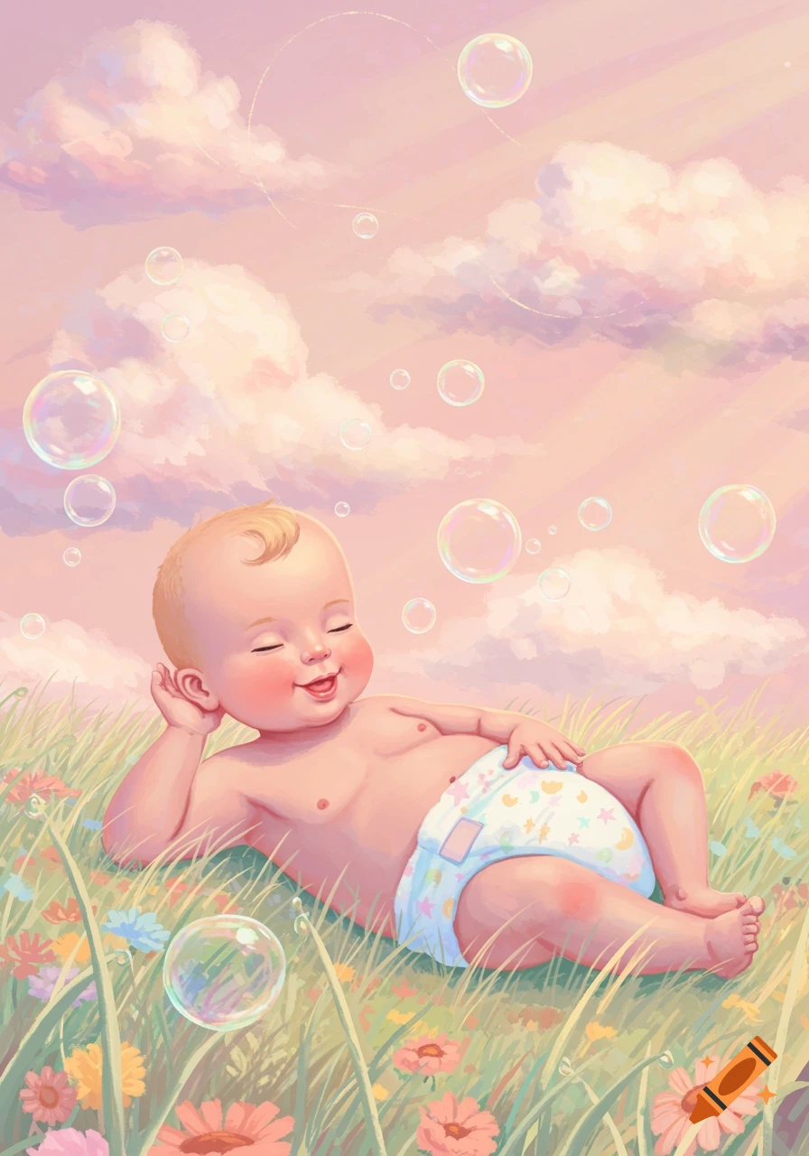 A happy baby in a diaper smiles, lying on its back in a field with wildflowers, looking at bubbles floating in a pink sky. Digital painting.