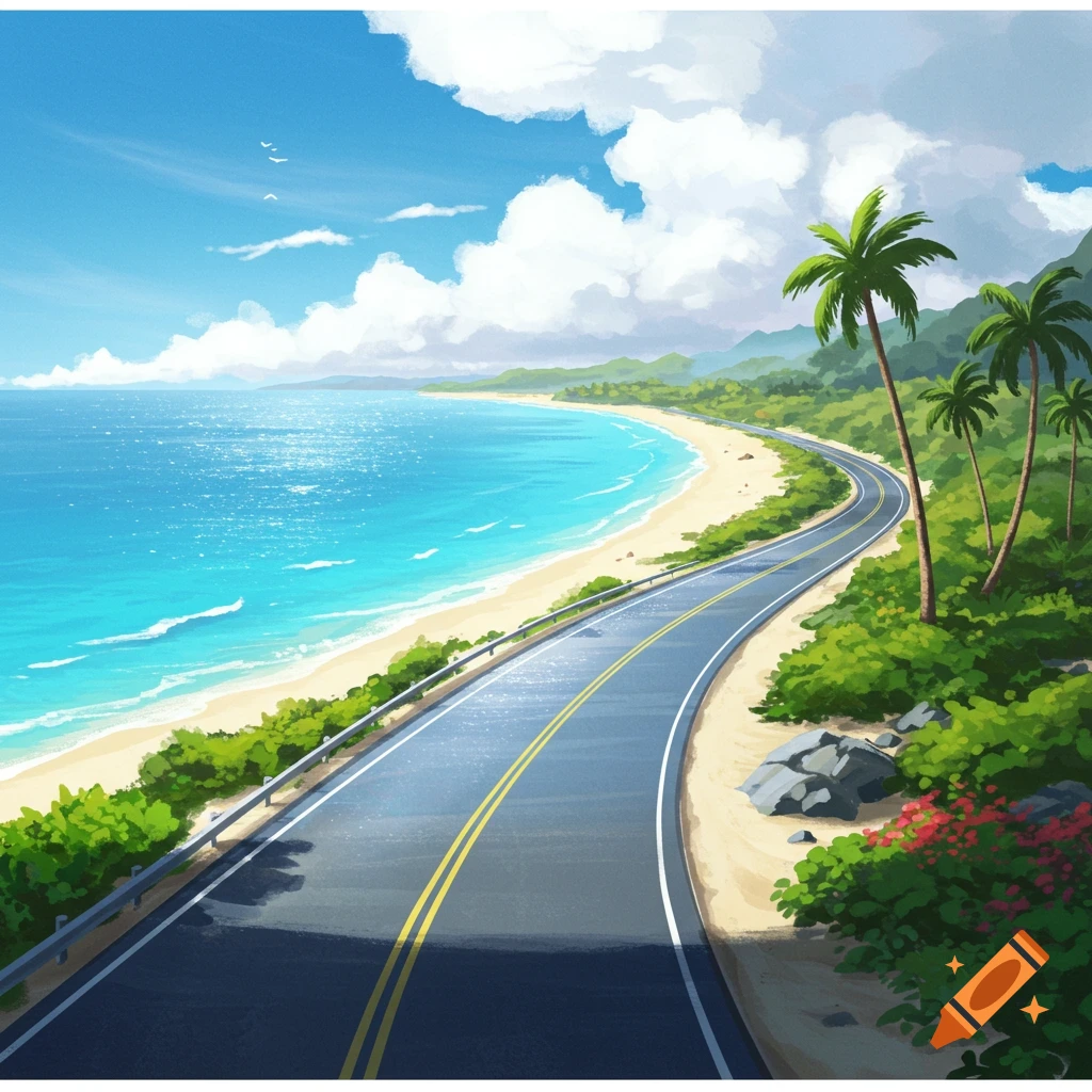 Illustrative winding coastal road overlooking a sunny tropical beach with palm trees and a bright blue ocean.
