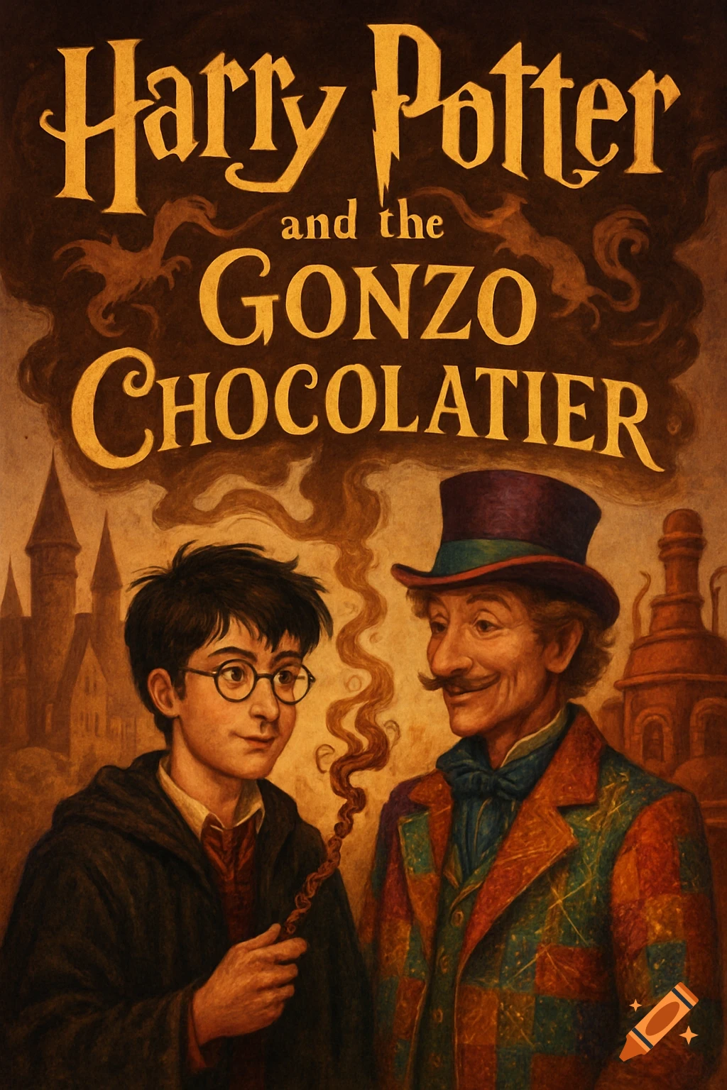 Illustrated book cover for 'Harry Potter and the Gonzo Chocolatier' showing Harry Potter next to a moustached man in a top hat, with a castle in the background.
