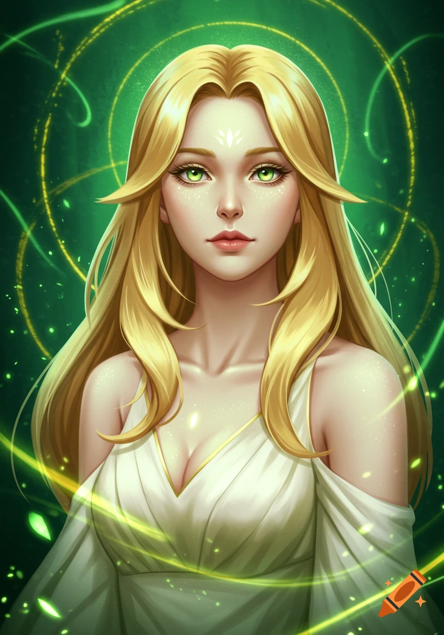 Portrait illustration of a fair-skinned woman with long blonde hair and bright green eyes, wearing a white dress, against a dark green background with glowing magical energy.