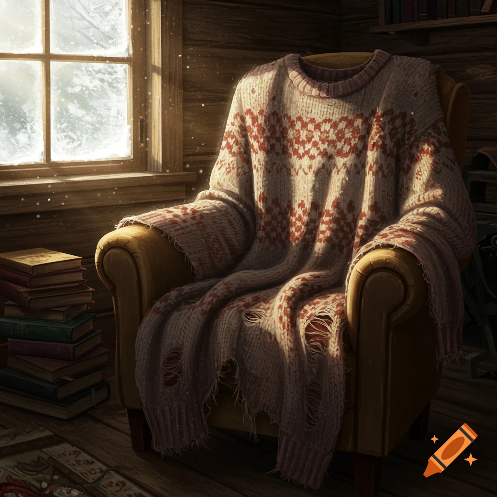 A tattered, patterned sweater draped over an armchair in a cozy wooden room with a snowy window and stacked books.
