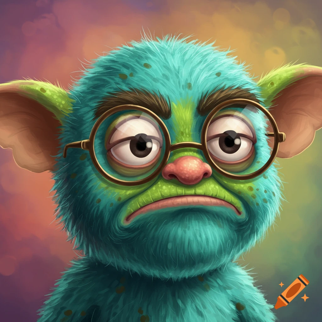 Close-up of a grumpy, fuzzy turquoise and green monster with large ears, a pink nose, and round eyeglasses against a blurred colorful background.