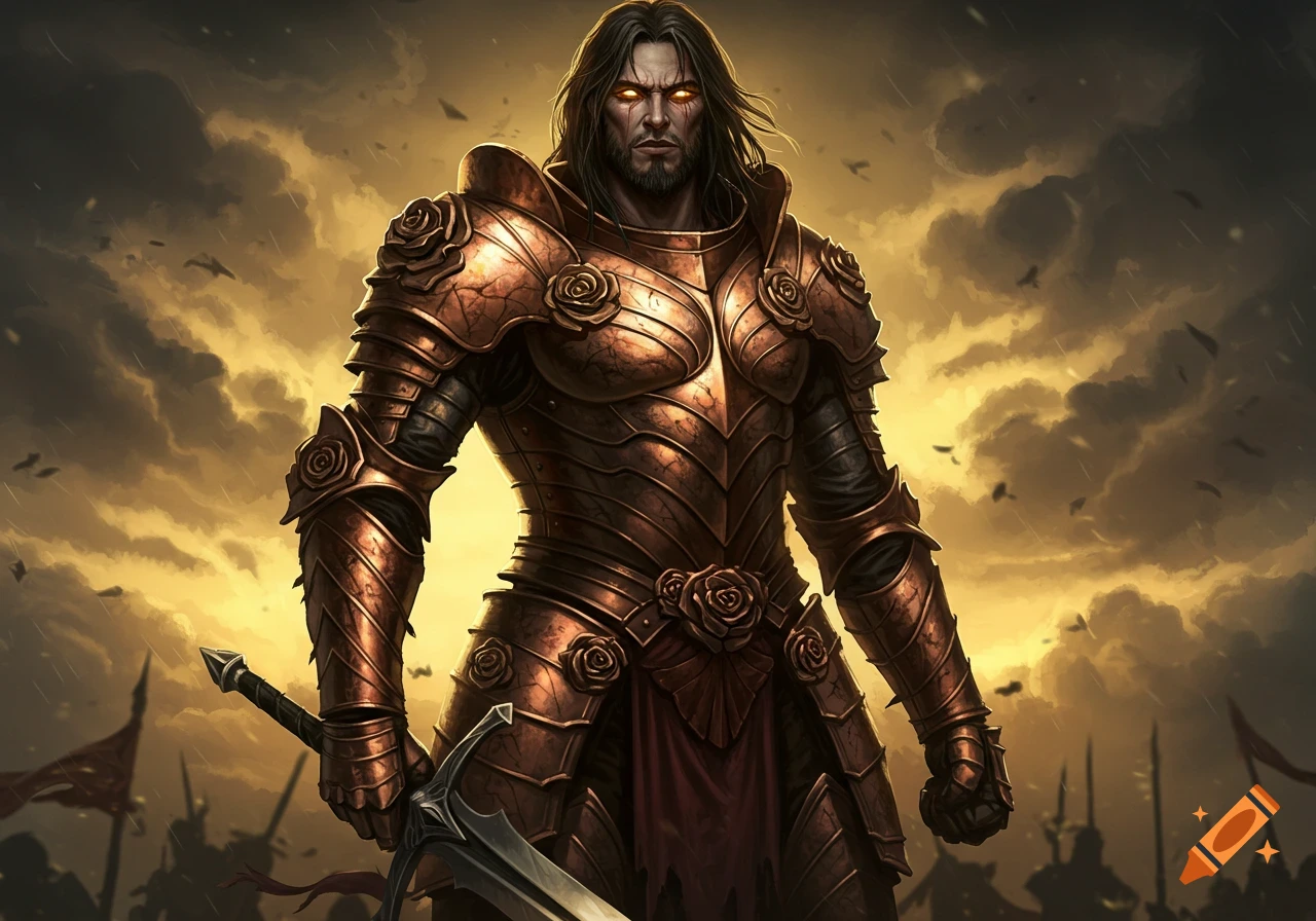 A muscular warrior in bronze rose-designed armor with glowing golden eyes stands on a battlefield under a dramatic golden sky, holding a sword.
