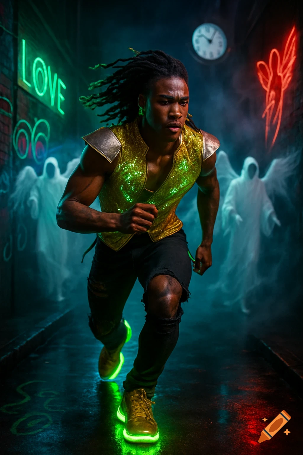 Muscular man with dreadlocks, glowing vest, and shoes runs through a surreal neon alley with ghostly figures and a 'LOVE' sign.
