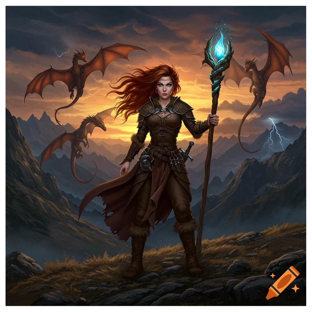 Red-haired female warrior with glowing staff stands in a sunset mountain landscape with three dragons flying, digital art.