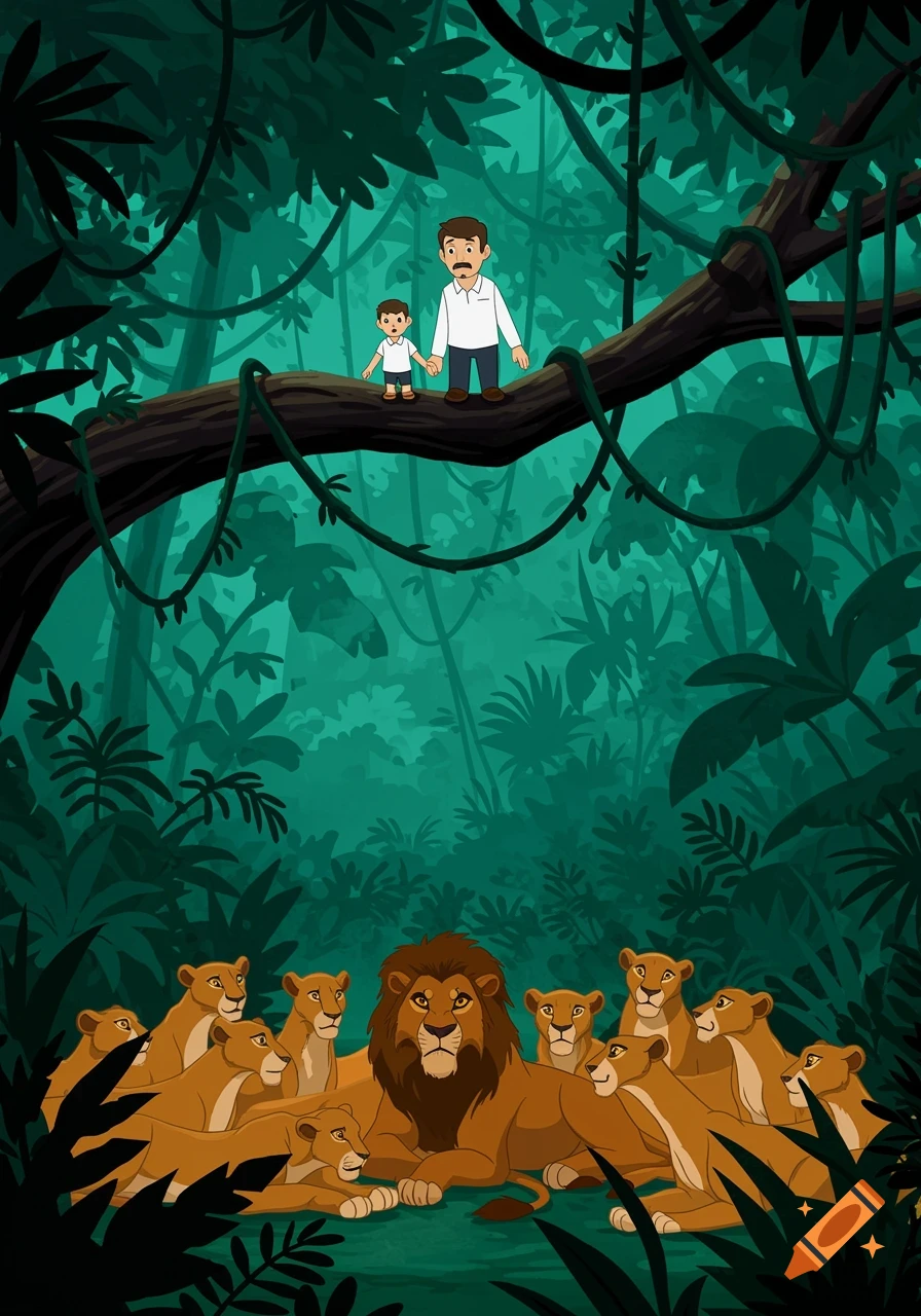 A cartoon illustration of a father and son on a tree branch above a pride of lions in a lush jungle.