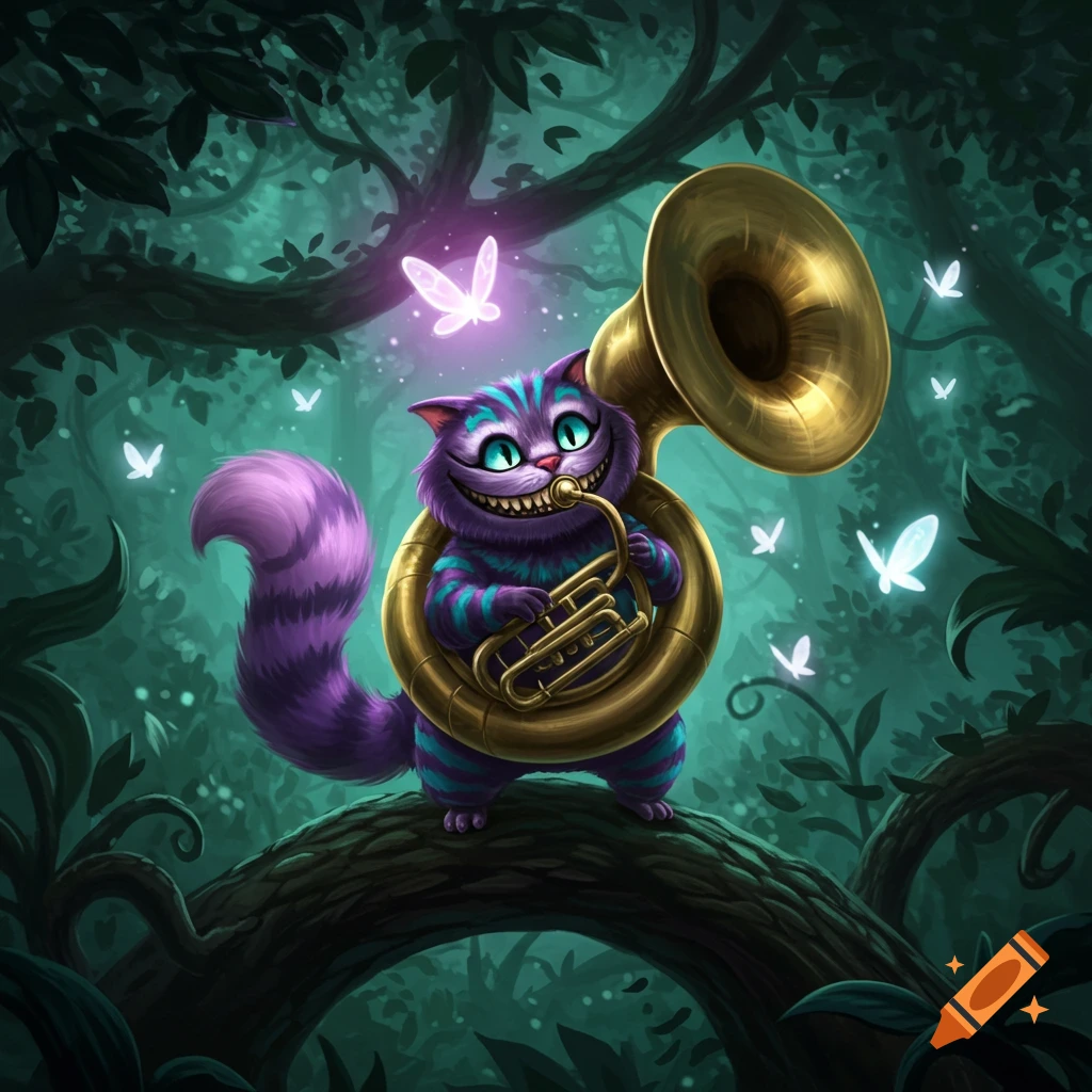 A purple and blue striped Cheshire Cat with a wide grin plays a golden sousaphone on a tree branch in a whimsical, dark forest with glowing butterflies.