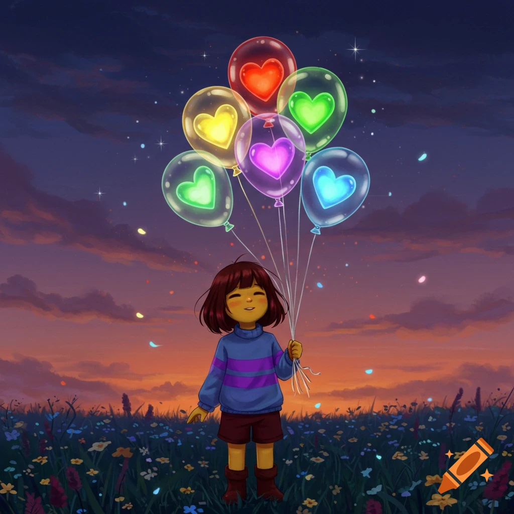 Frisk holds colorful glowing heart balloons in a flower field at sunset, in an anime style.
