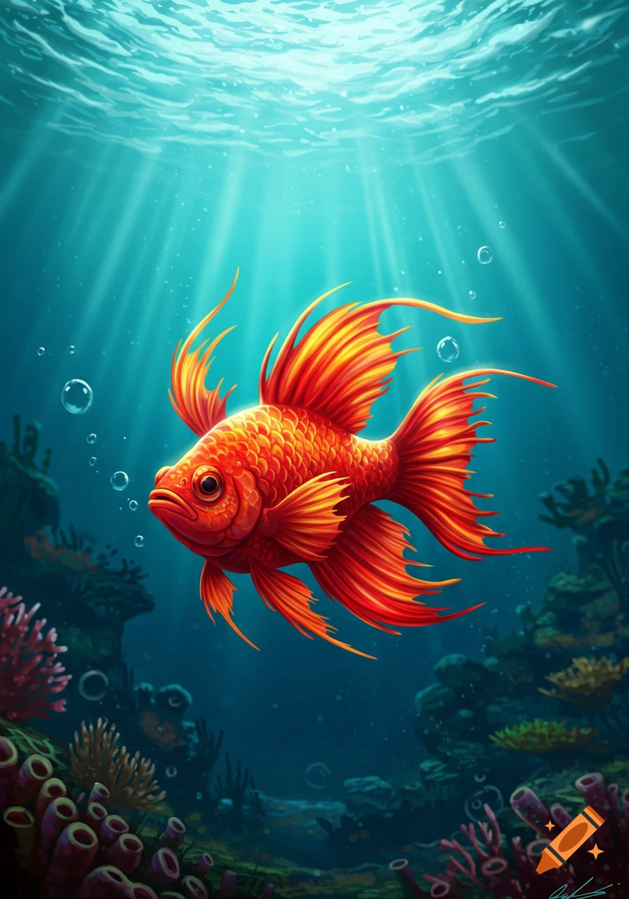 A vibrant red and orange stylized fish with elaborate fins swims in a blue underwater scene with coral and sun rays.