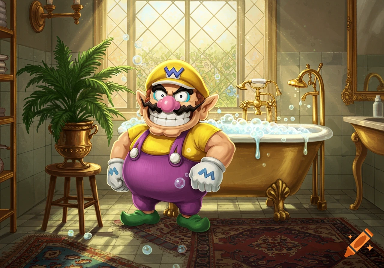 Cartoon Wario grins menacingly in a luxurious bathroom with a golden bathtub full of bubbles.