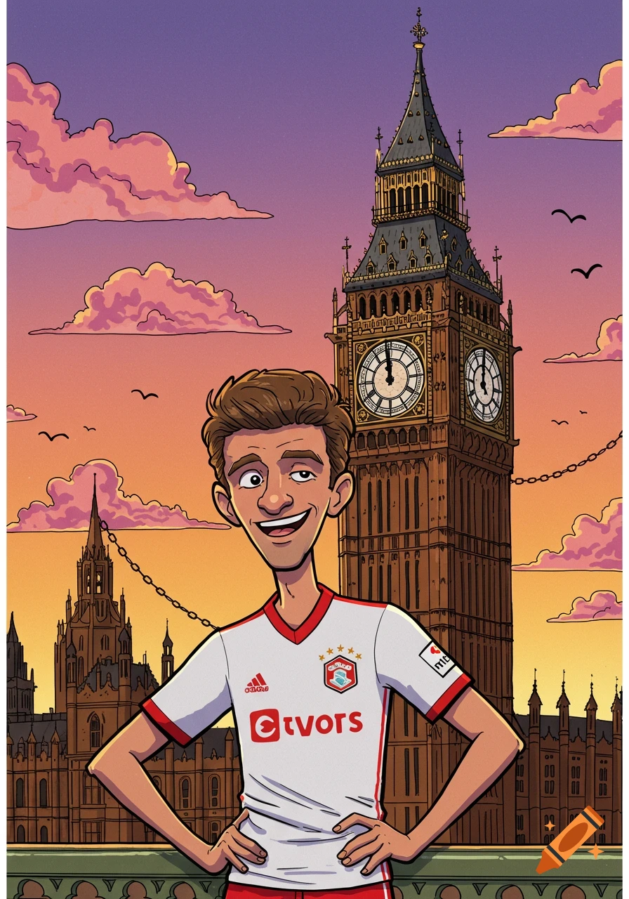 Cartoon man in a white and red soccer jersey smiling in front of Big Ben and other London buildings at sunset.