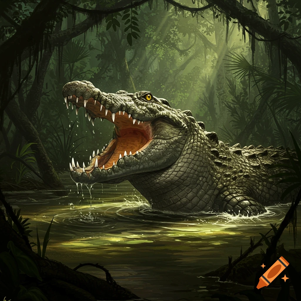 Angry crocodile with open mouth in murky jungle water.