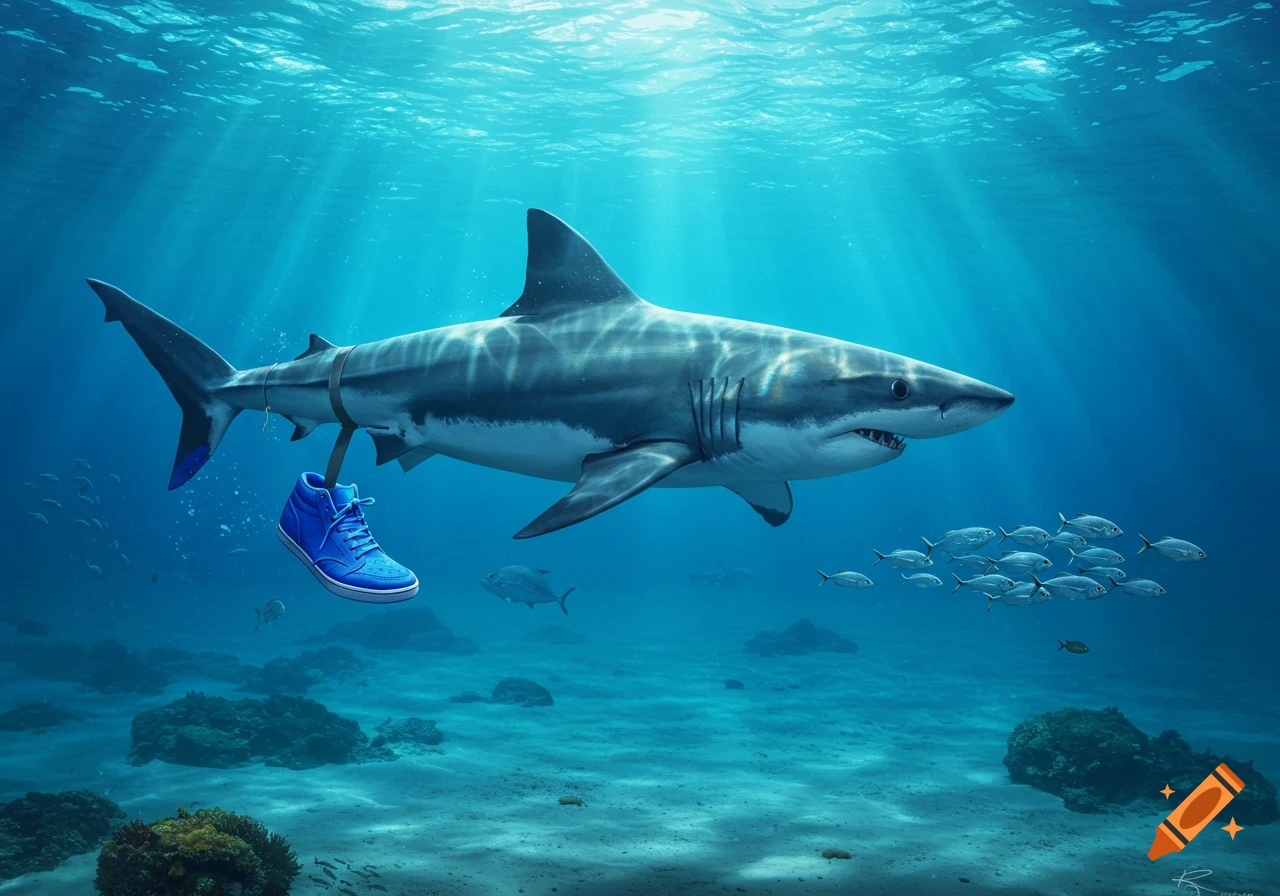 A great white shark swims underwater, wearing a bright blue high-top sneaker on its tail fin, with schools of fish nearby.
