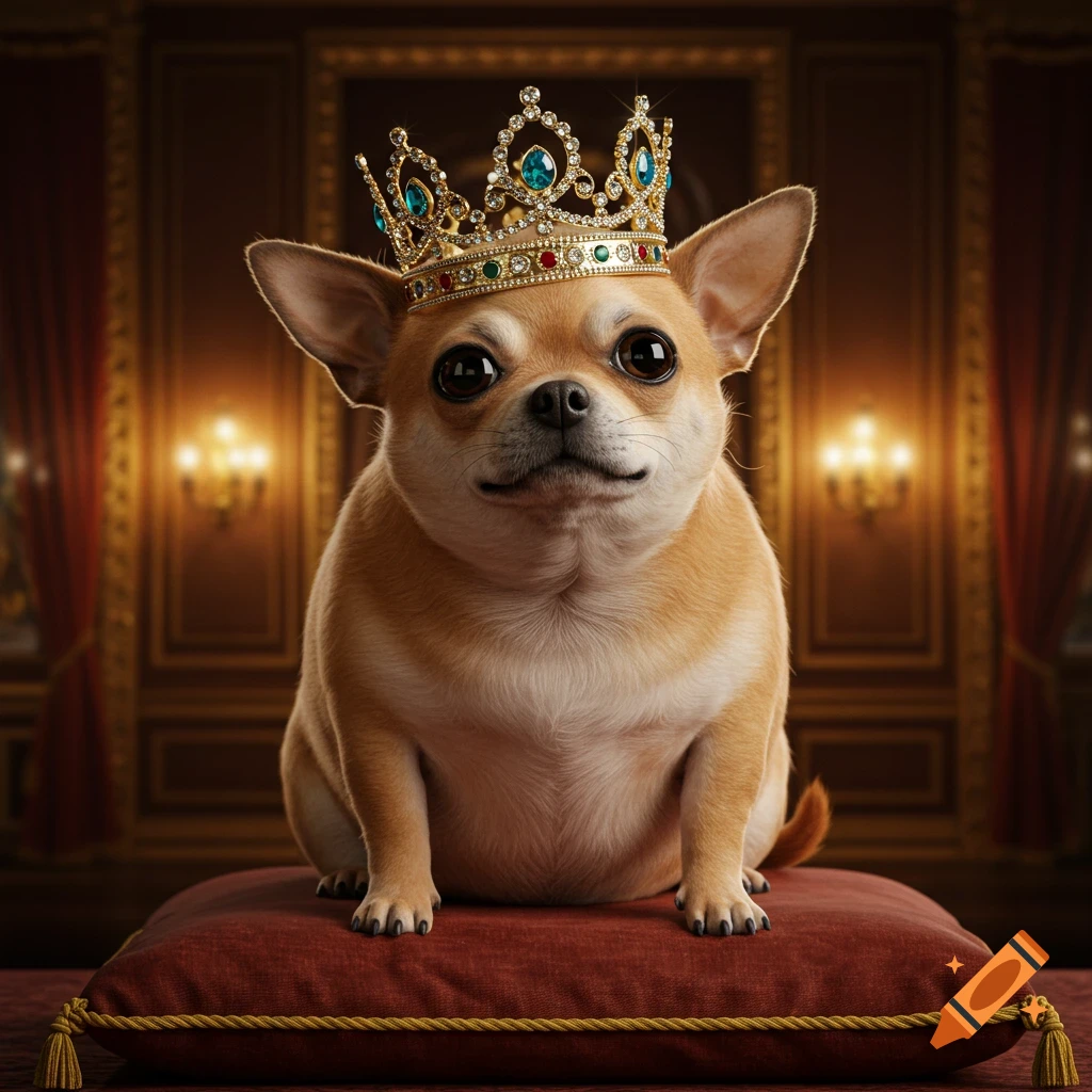A hyper realistic chihuahua dog wearing a golden crown adorned with jewels, sitting on a red velvet pillow in a fancy room.