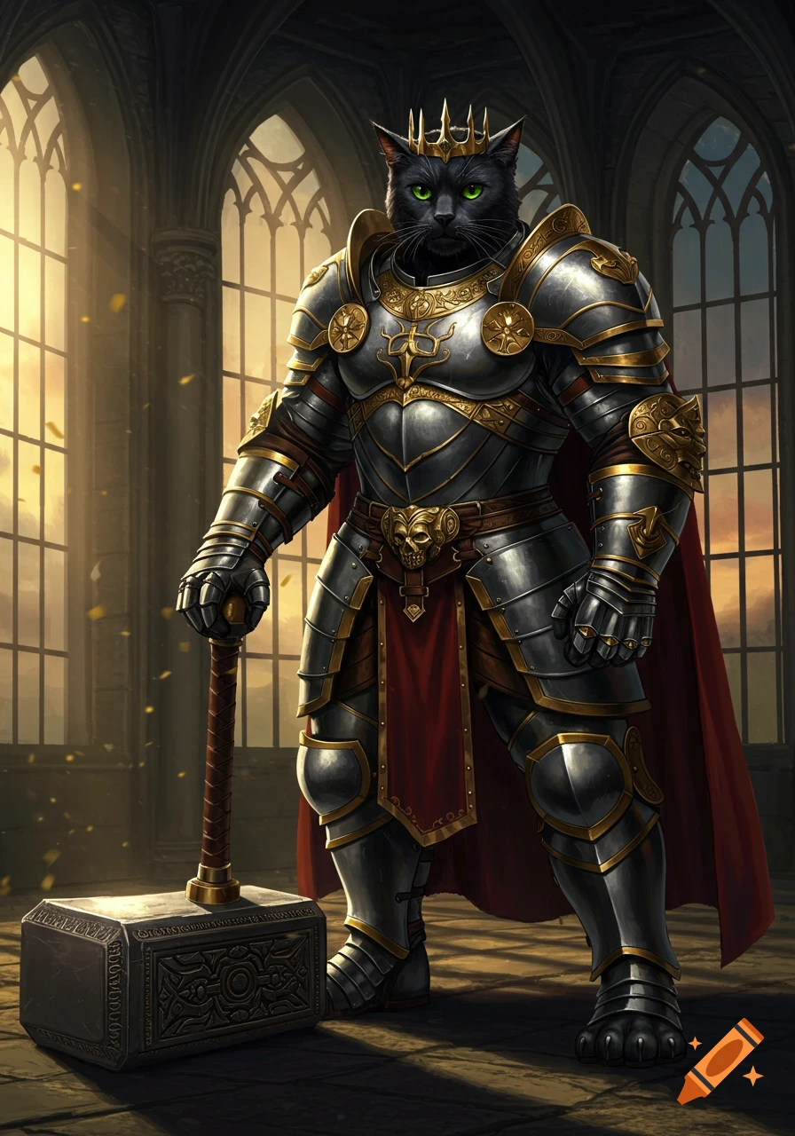 A majestic black cat, crowned and clad in detailed silver and gold armor with a red cape, stands in a gothic hall holding a massive hammer.