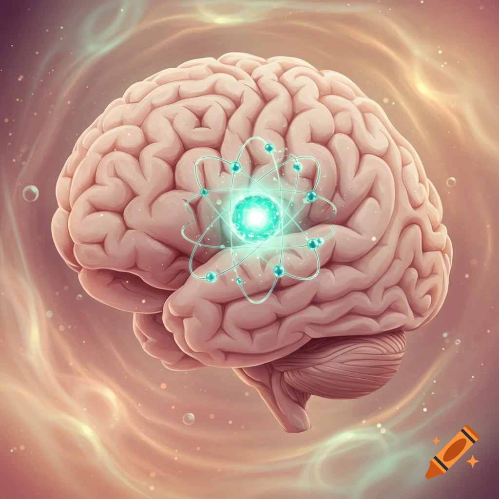 A stylized human brain with a glowing aqua-colored atom structure inside, surrounded by swirling light, representing creative thought.