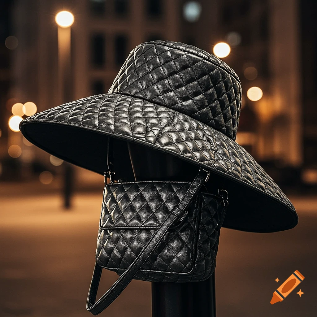 A black quilted wide-brimmed hat and a matching crossbody bag hanging on a pole at night, with blurred city lights in the background.