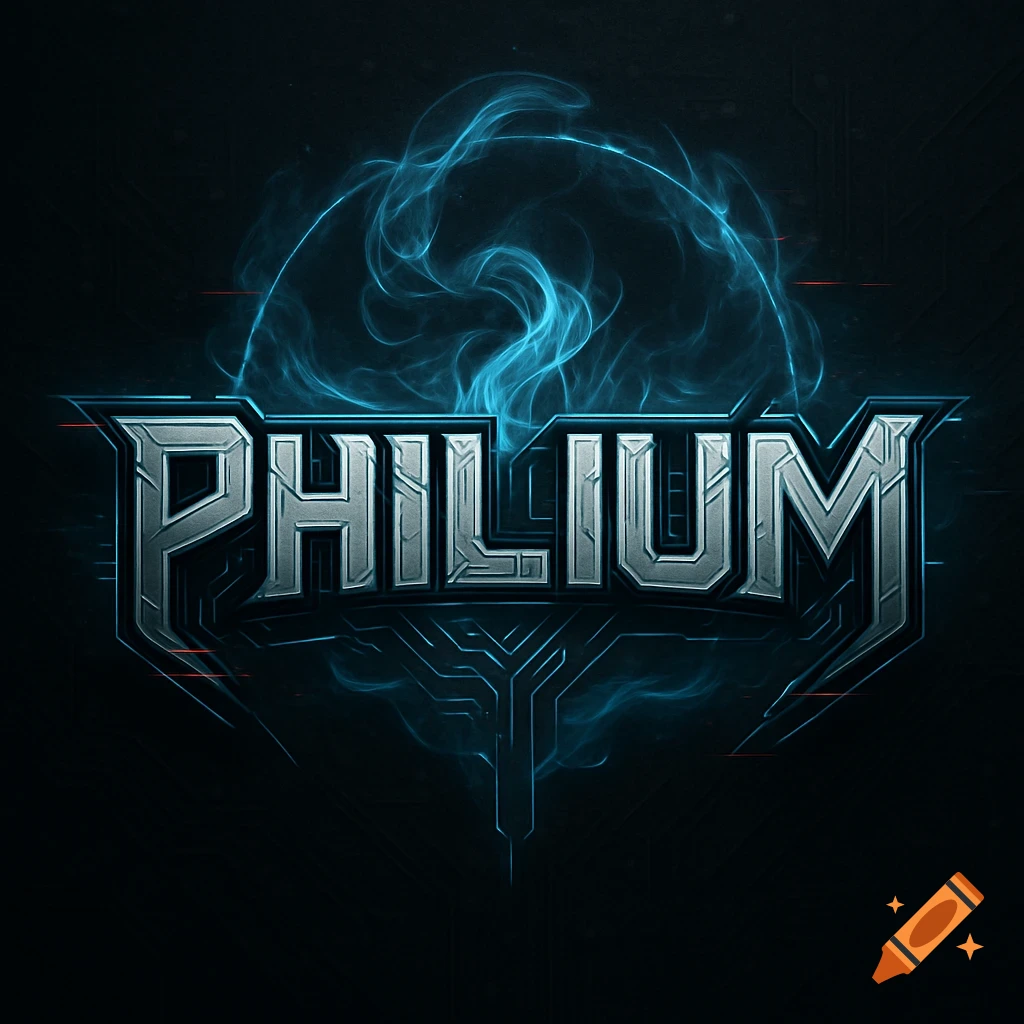 A futuristic gaming logo for 'PHILIUM' with metallic silver text and swirling blue energy effects against a dark background.