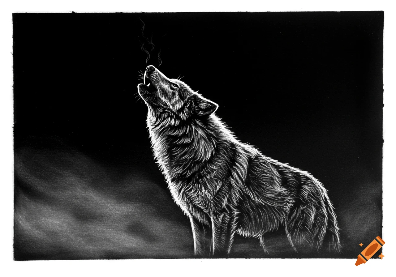 A white pencil sketch on black paper showing a wolf howling upwards with light smoke or breath emanating from its mouth.