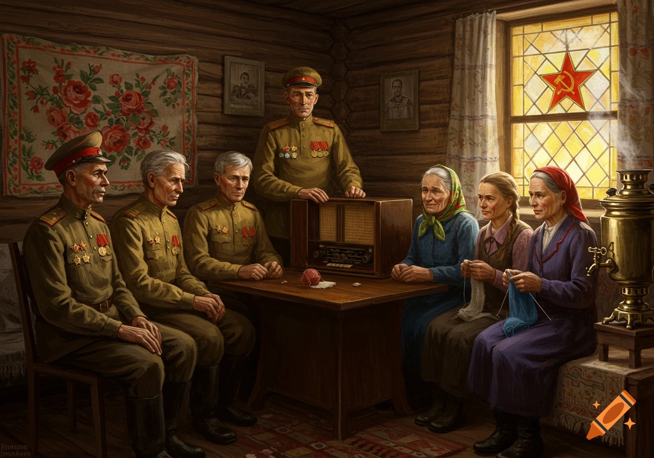 Four older men in Soviet military uniforms and three older women in traditional attire listen to a radio in a rustic wooden room. A Soviet star is visible in a window.