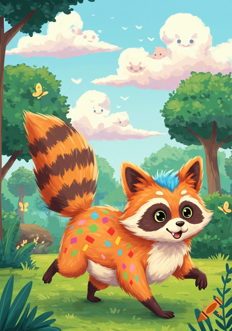 A whimsical cartoony orange raccoon with colorful squares and a blue mohawk prances in a vibrant forest with smiling clouds.