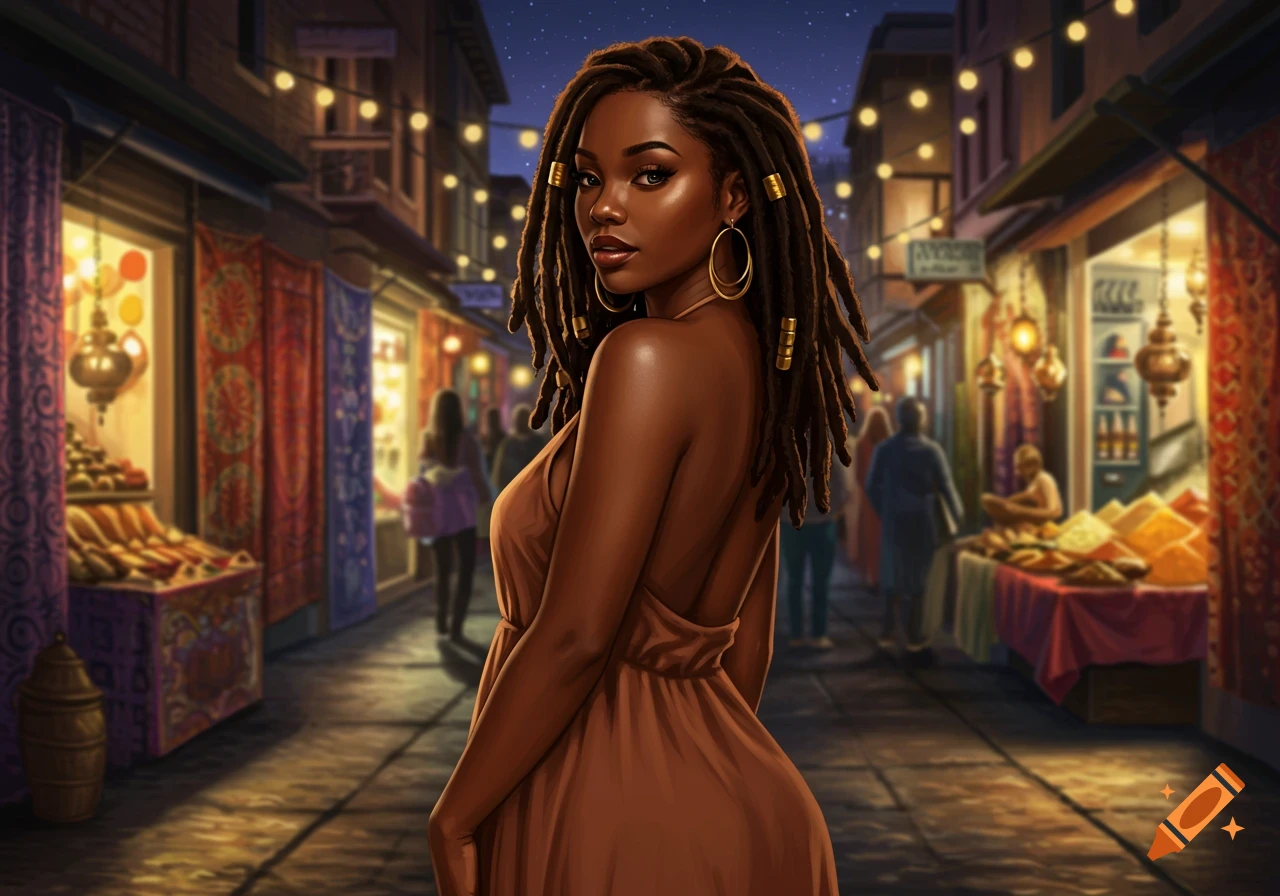 A Black woman with dreadlocks and hoop earrings in a brown dress stands in an illuminated night market street. Digital art.