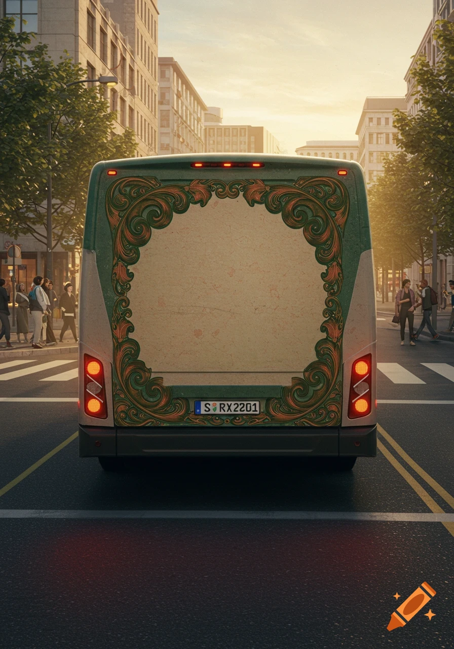 Photorealistic image of the back of a bus with an ornate green and orange border, a license plate, on a city street at sunset.